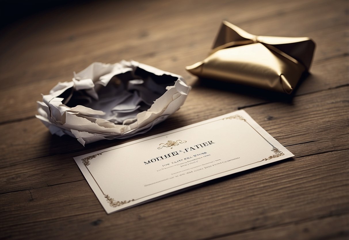 An empty wedding invitation torn in half, with one side labeled "Mother" and the other "Father," both sides crumpled on the ground