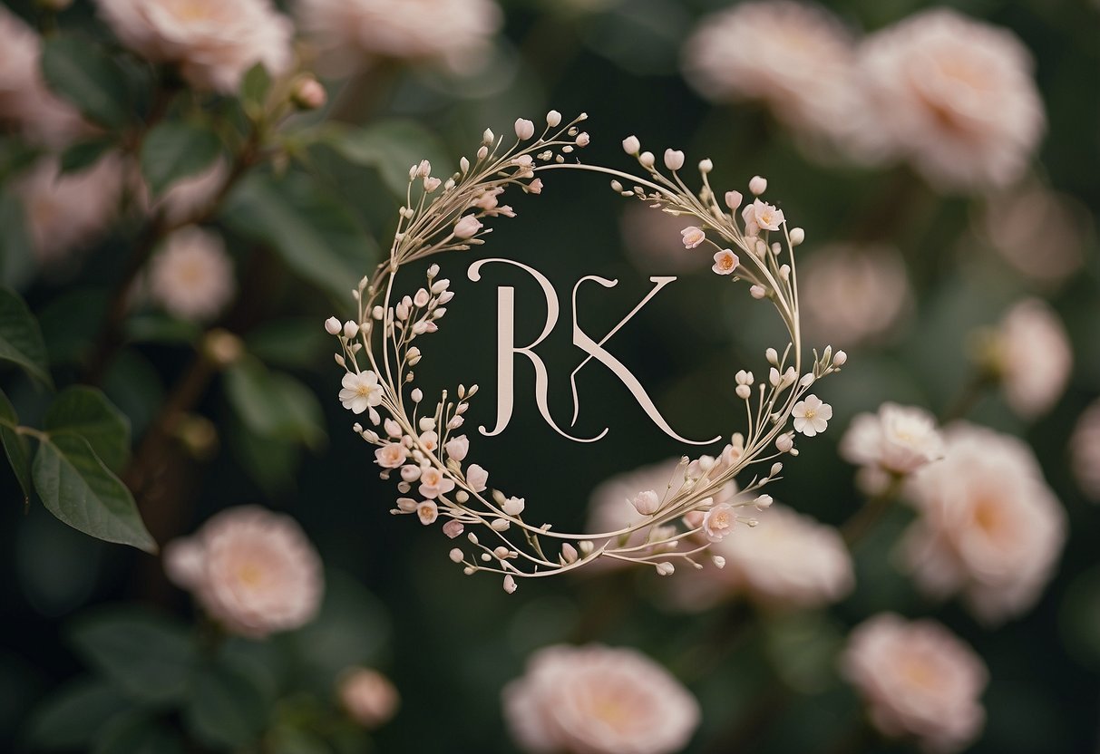 A couple's initials elegantly entwined, surrounded by delicate floral designs, with a soft, romantic color palette