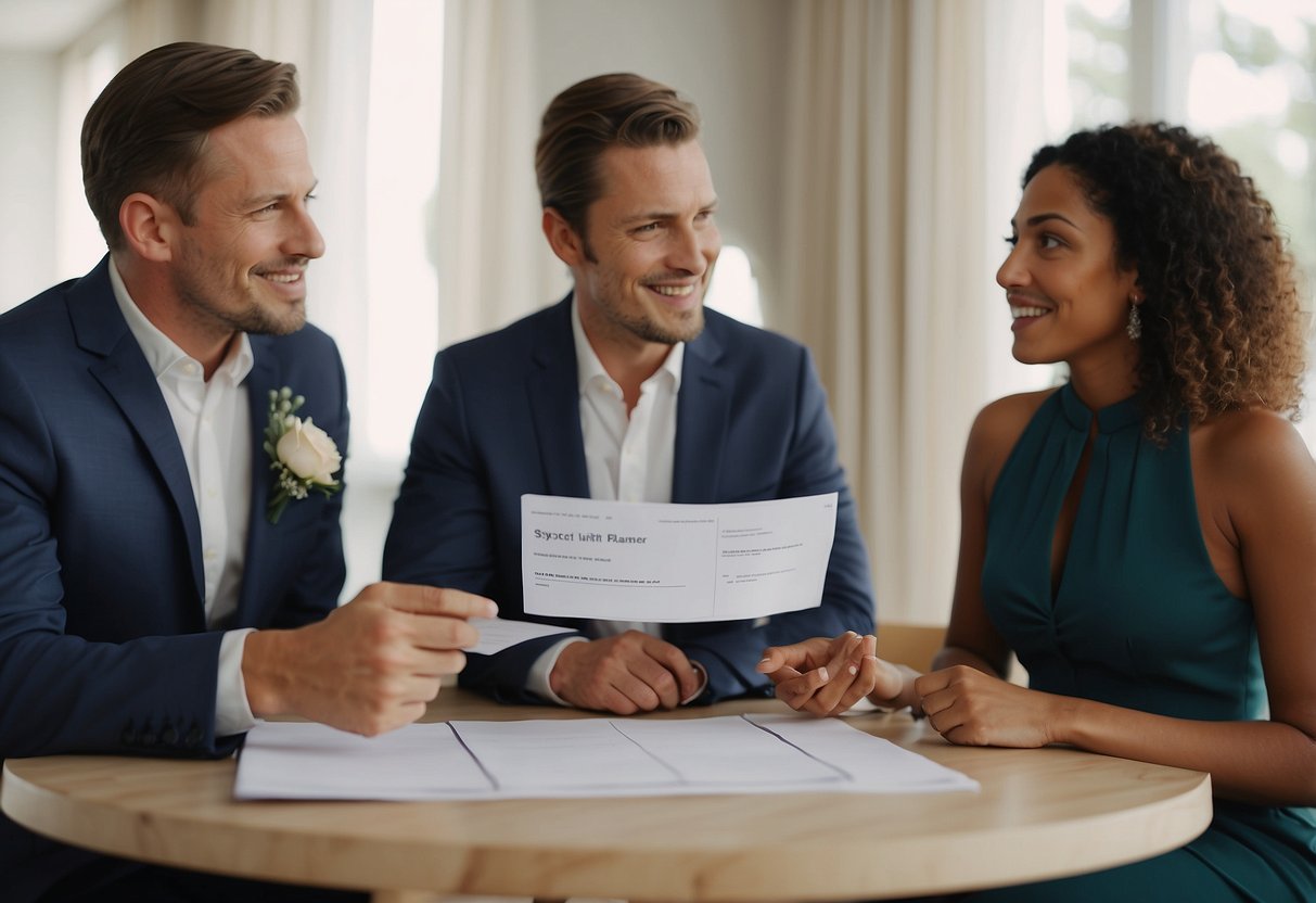 A couple presents a check to a wedding planner, each with a determined expression. The planner looks on sympathetically, understanding the complexity of the situation