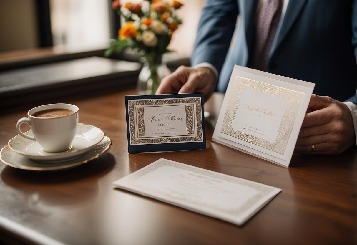 A table with two separate sets of parents, each holding a checkbook, facing each other with a wedding invitation in the middle