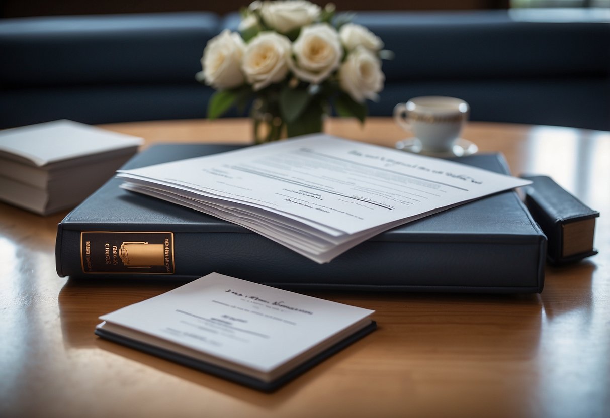 A table with two empty chairs, one with a stack of legal documents and the other with a wedding invitation. A scale in the middle symbolizes the division of financial responsibility