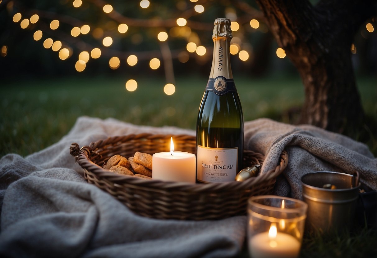 A cozy outdoor picnic with a blanket spread under a tree, surrounded by fairy lights and candles. A bottle of champagne chilling in a bucket, with a small gift wrapped in elegant paper