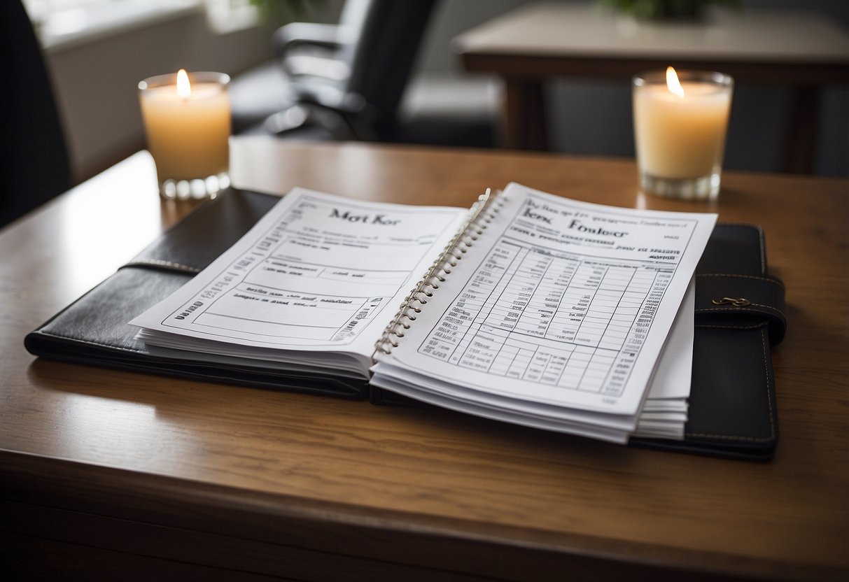 A table with two separate checkbooks, one labeled "Mother" and the other "Father," both open to a page with wedding expenses listed