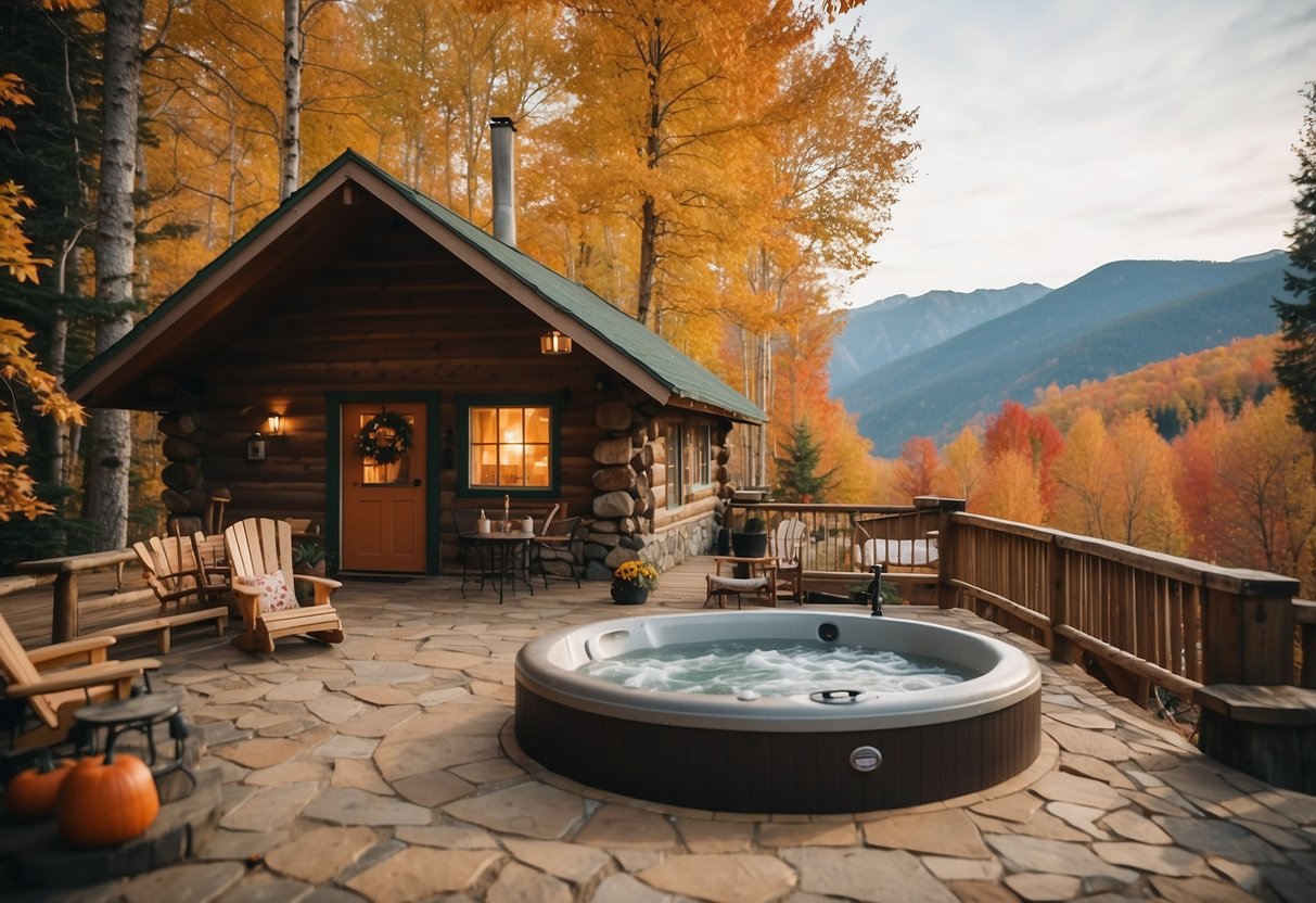 A cozy cabin nestled in the mountains with a bubbling hot tub, surrounded by vibrant fall foliage and a crackling fire pit