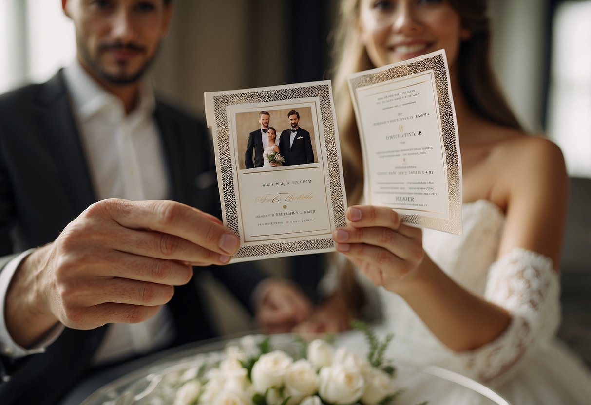 A wedding invitation torn in half, one side held by a man and the other by a woman, both looking distressed