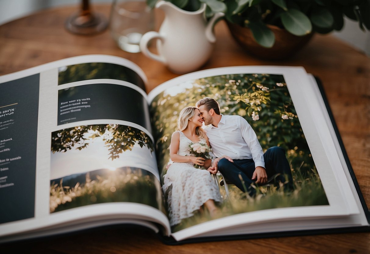 A couple's personalized photo book sits open on a table, showcasing their journey through six years of marriage. The pages are filled with cherished memories and milestones, capturing the love and joy of their union