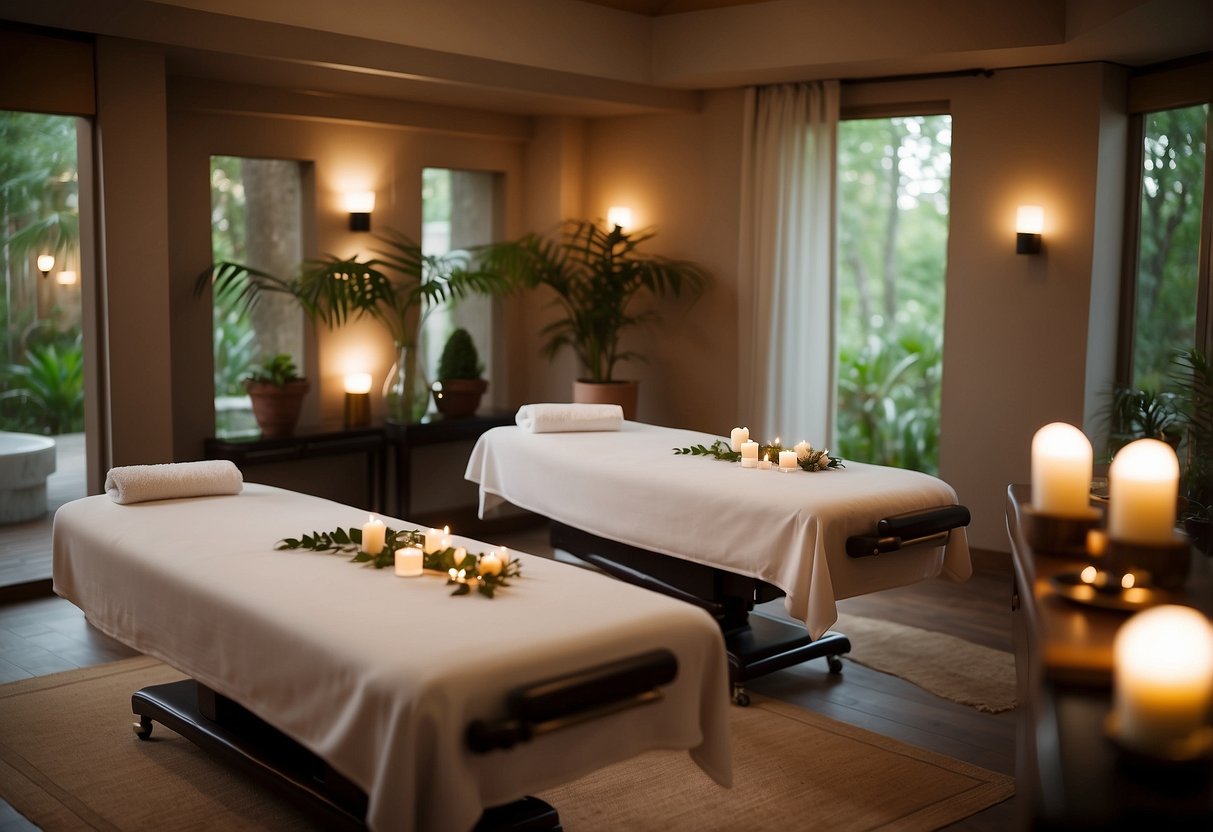 A serene spa room with two massage tables, soft lighting, and calming music. Aromatherapy scents fill the air, creating a tranquil atmosphere for a couple's 6th wedding anniversary celebration