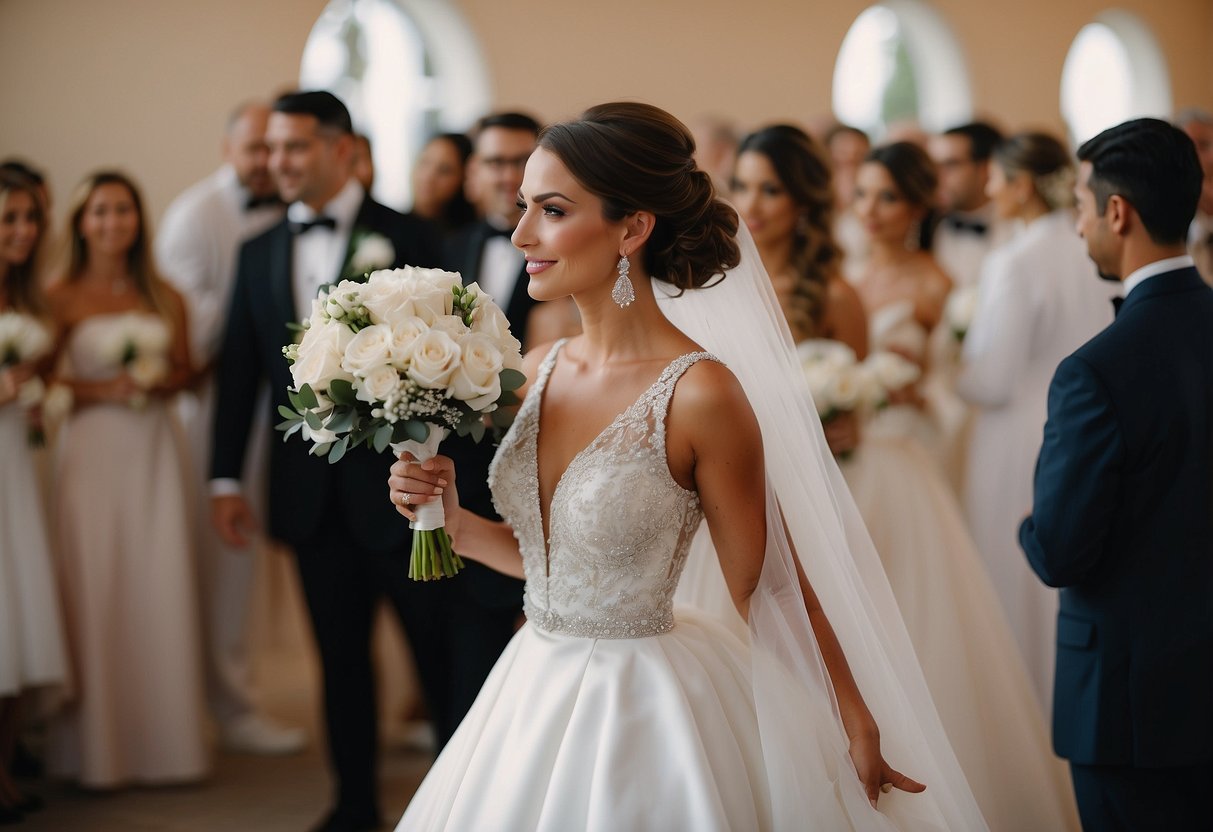 Bride in white gown, groom in tuxedo, guests in formal attire, flowers, and decorations at a wedding ceremony and reception