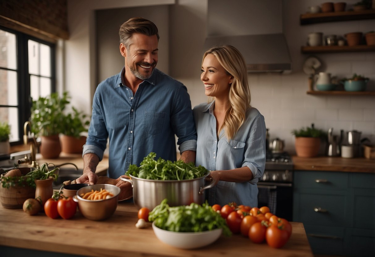 A couple stands at a kitchen island, surrounded by pots, pans, and fresh ingredients. They laugh and share a tender moment as they prepare a meal together