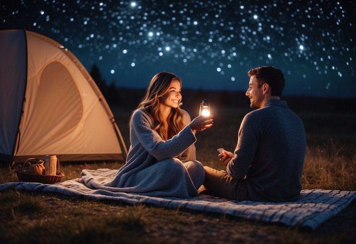 A couple sits under a starry night sky, pointing to constellations on a map. A cozy blanket and picnic basket are beside them