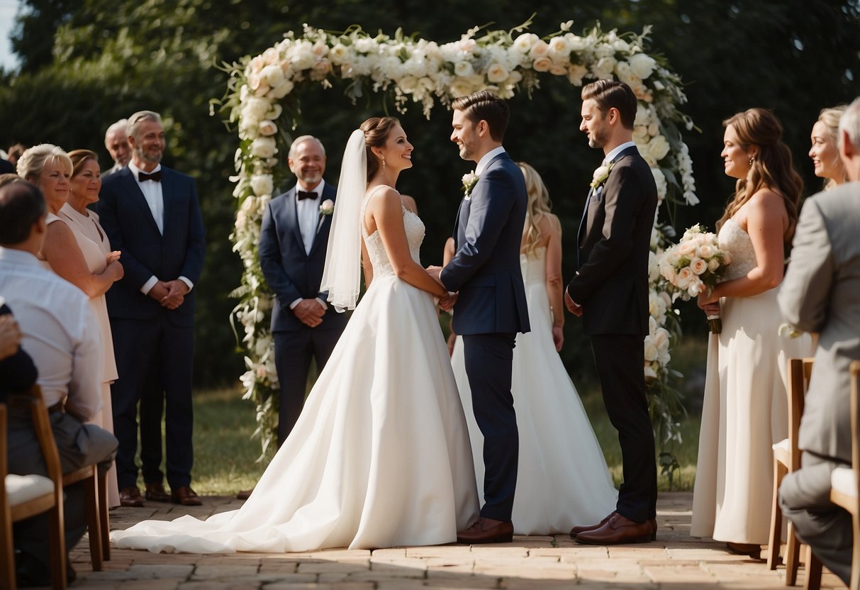 A bride and groom exchange vows at the altar, surrounded by family and friends. A beautiful ceremony unfolds as the couple says "I do" and seals their love with a kiss