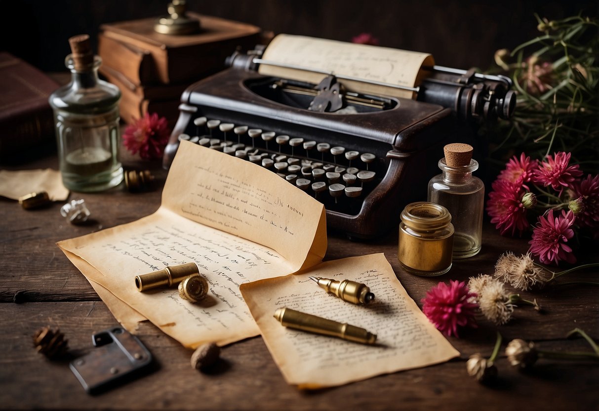 A desk scattered with love letters, ink bottles, and quill pens. A faint scent of old paper and dried flowers