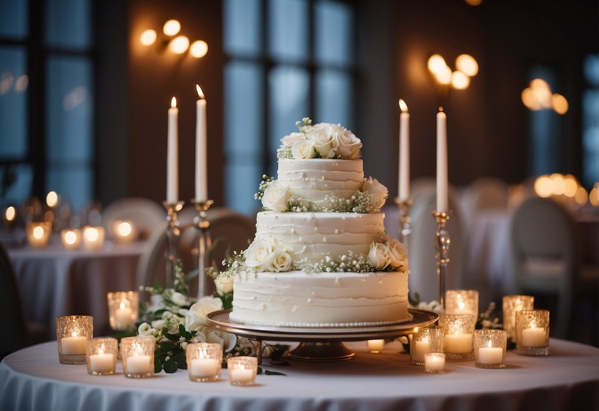 A tiered wedding cake adorned with delicate white flowers, surrounded by elegant table settings and glowing candles