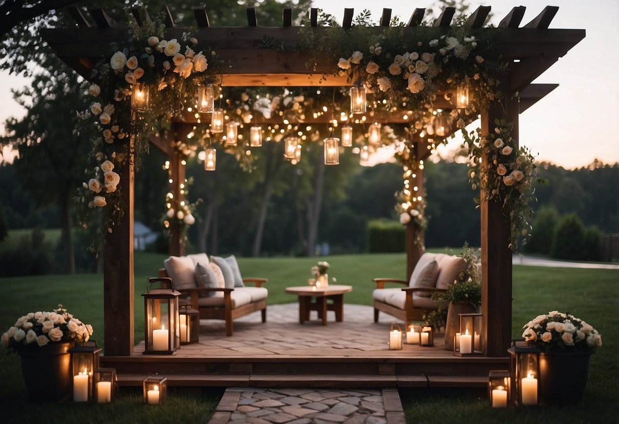 A backyard ceremony with a rustic arch adorned with flowers, surrounded by twinkling lights and lanterns, with a cozy seating area for guests