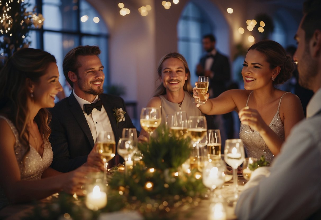 Guests mingle, clinking glasses and chatting. The bride and groom dance, surrounded by loved ones. A table overflows with gifts and well wishes