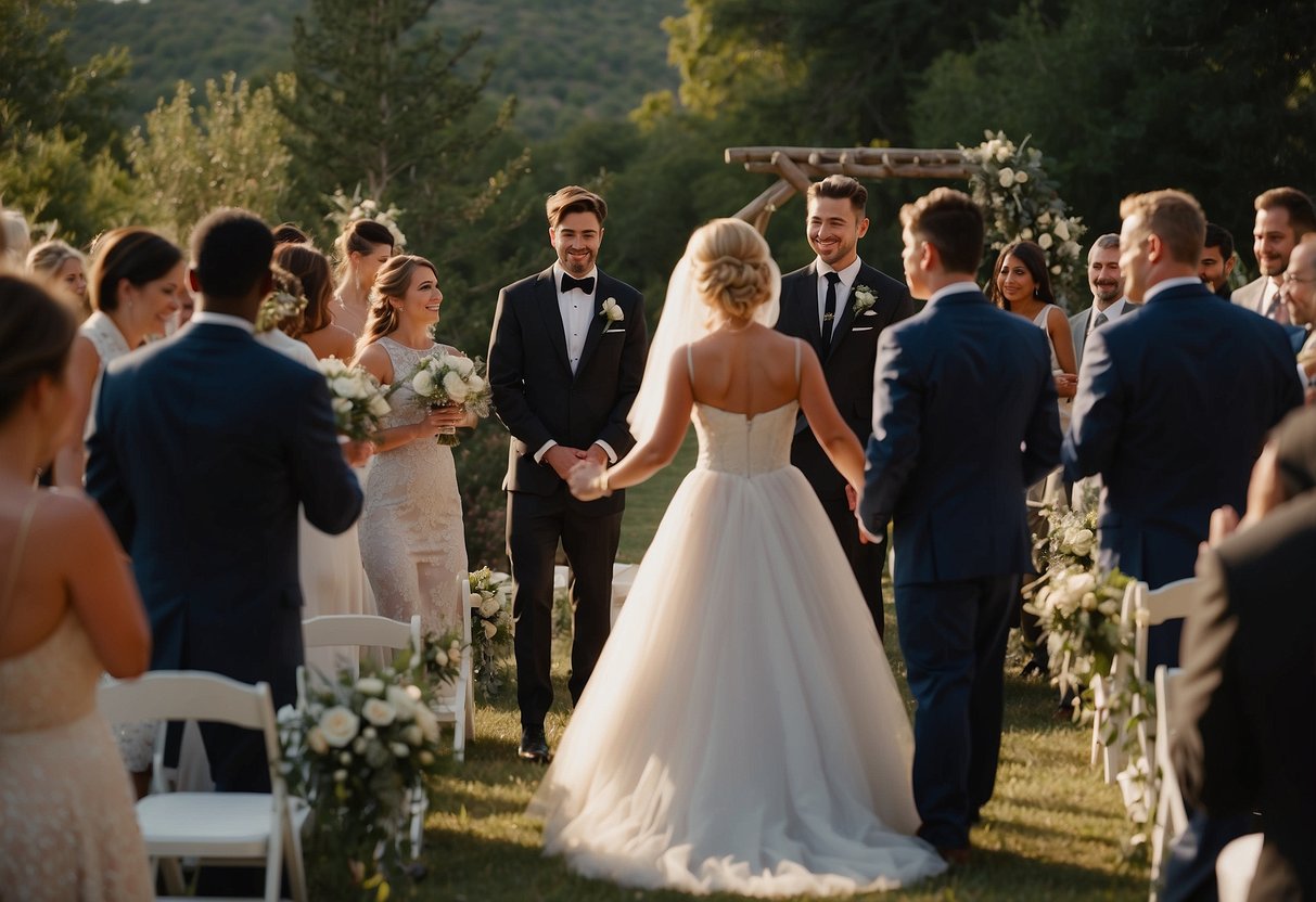 Guests enter, greeted by staff. Ceremony begins, followed by vows and exchange of rings. Reception starts with speeches, dinner, and dancing