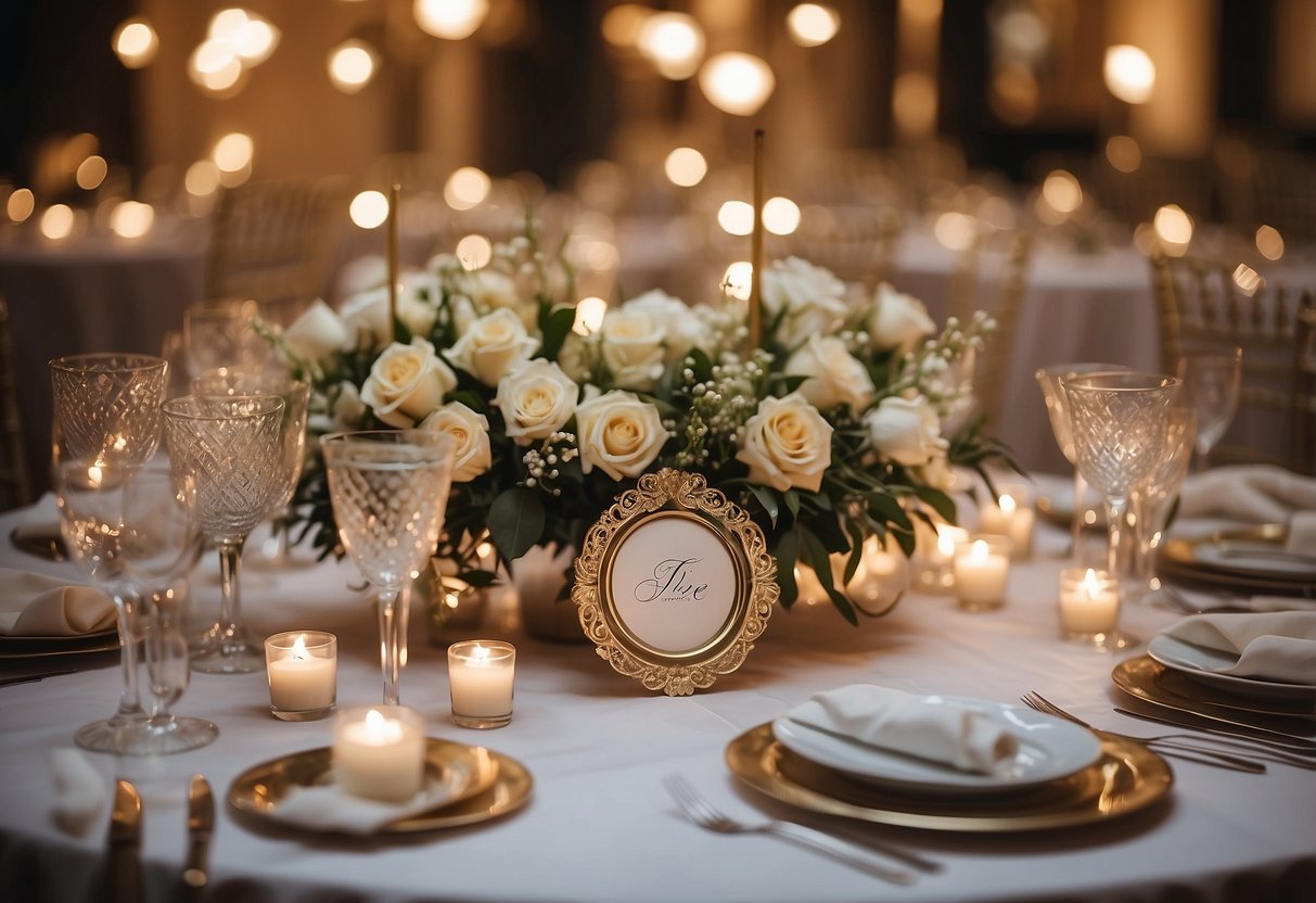 A table set with personalized wedding favors, surrounded by elegant decor and soft lighting