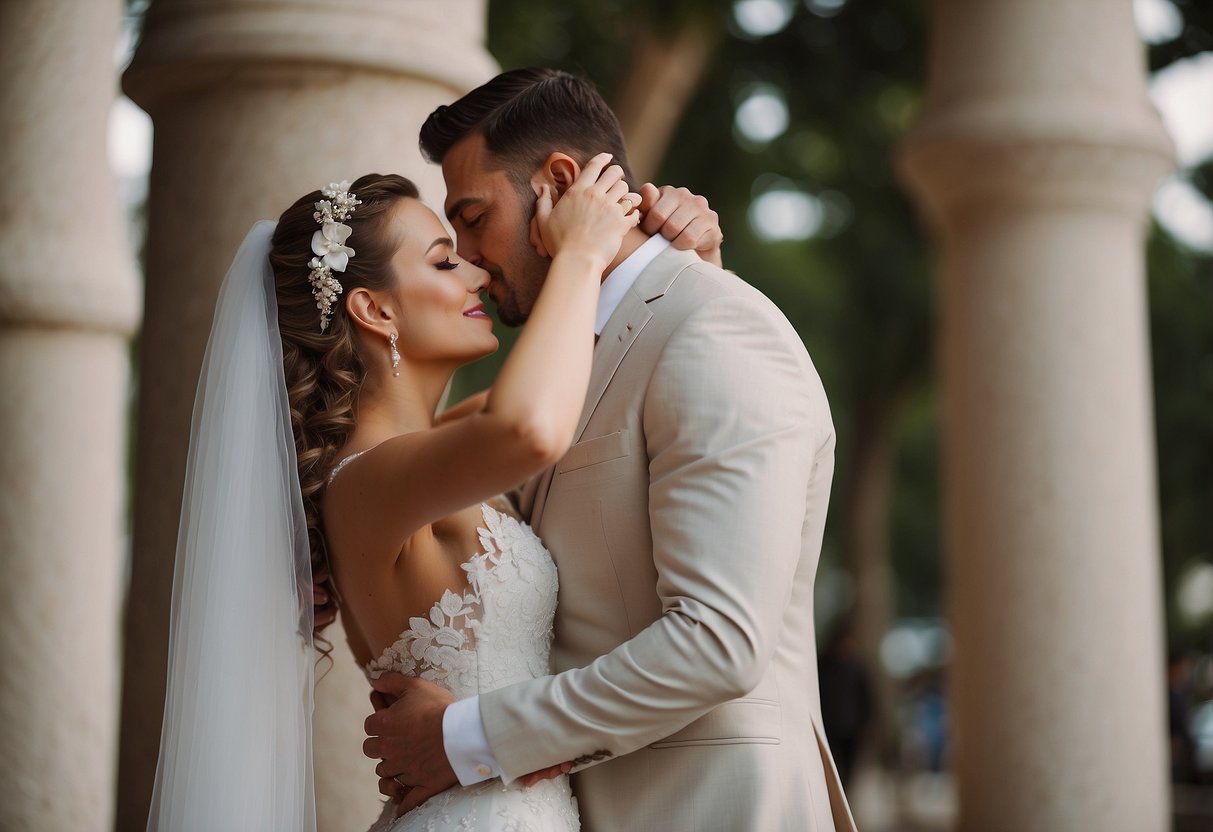 A bride and groom sneaking a kiss behind a pillar, while the groom playfully lifts the bride's veil