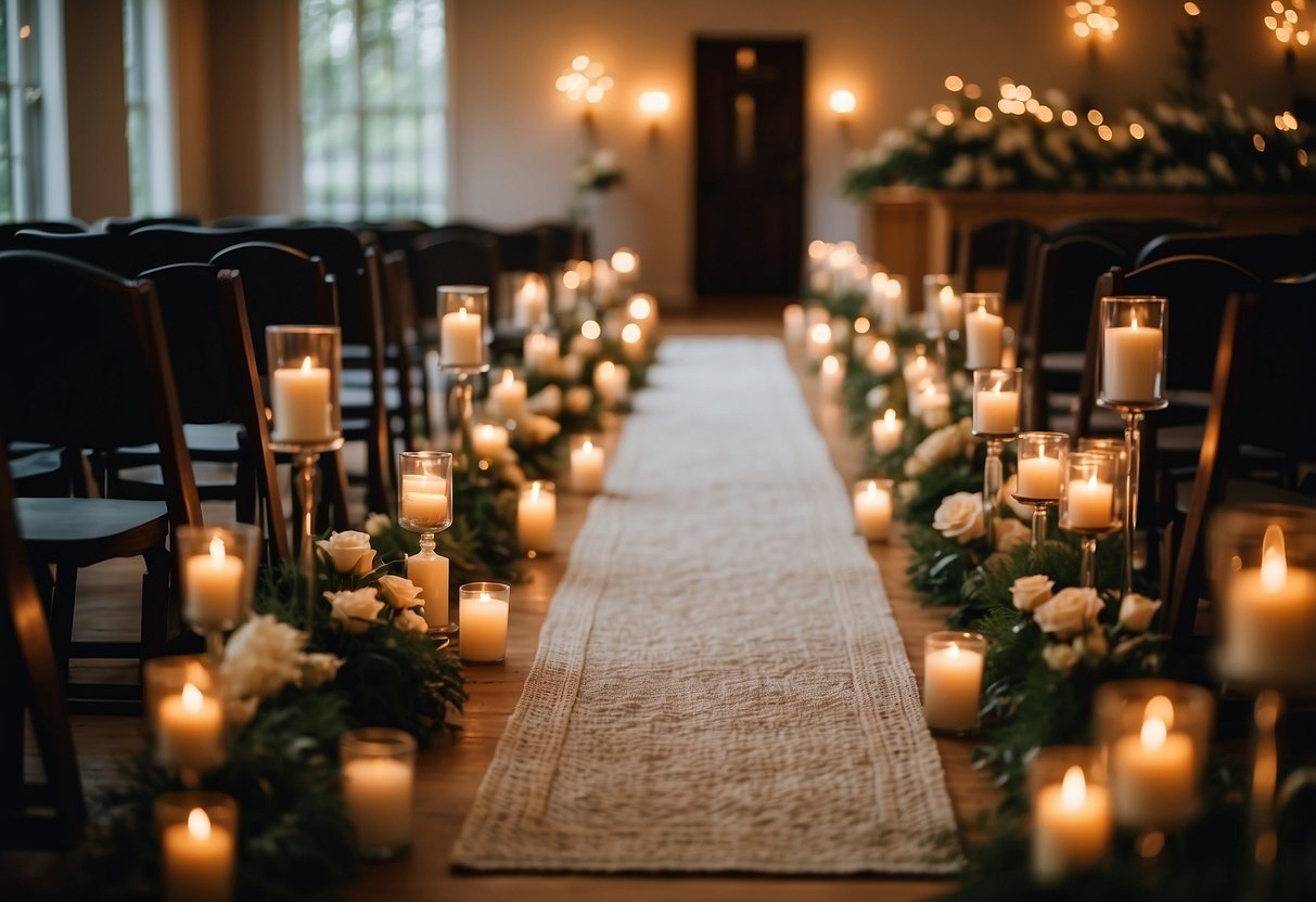 A long aisle runner lined with flickering candles, leading to a cozy home wedding setup