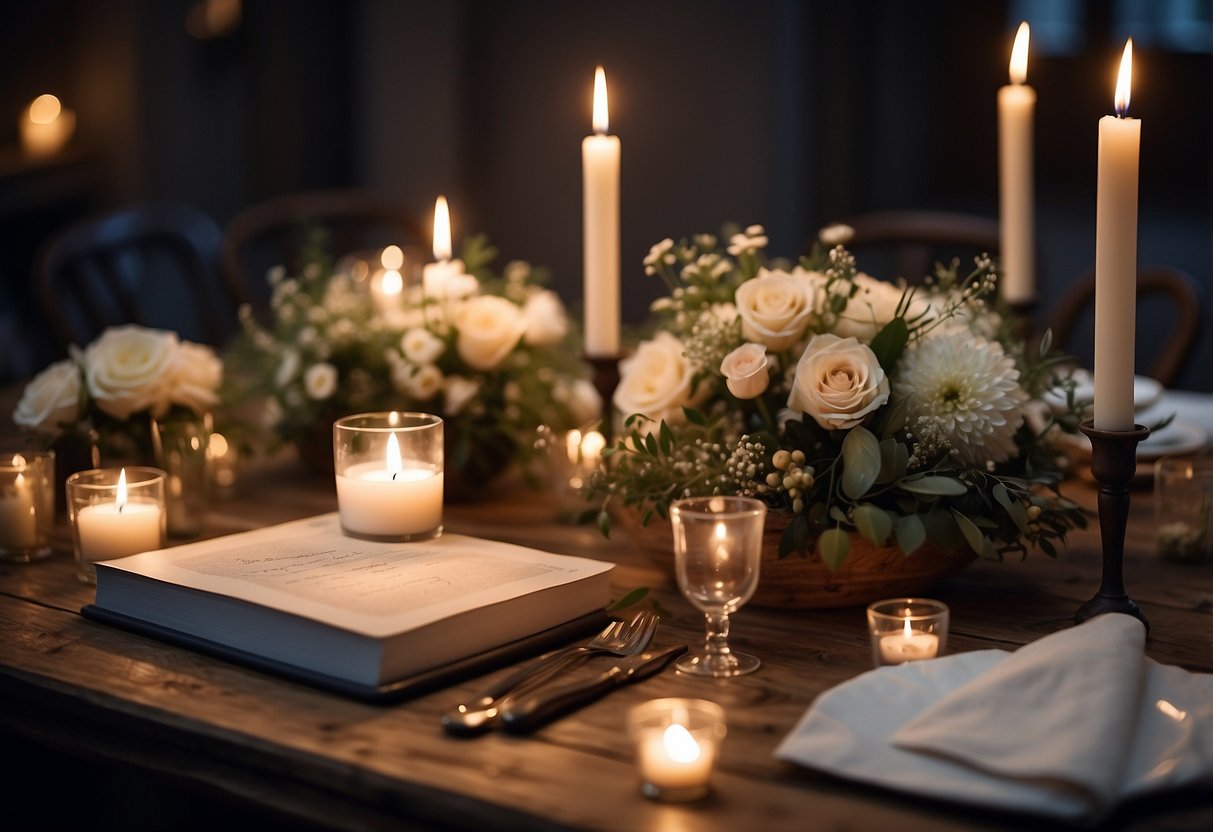 A rustic table with handwritten vows, surrounded by soft candlelight and delicate floral arrangements