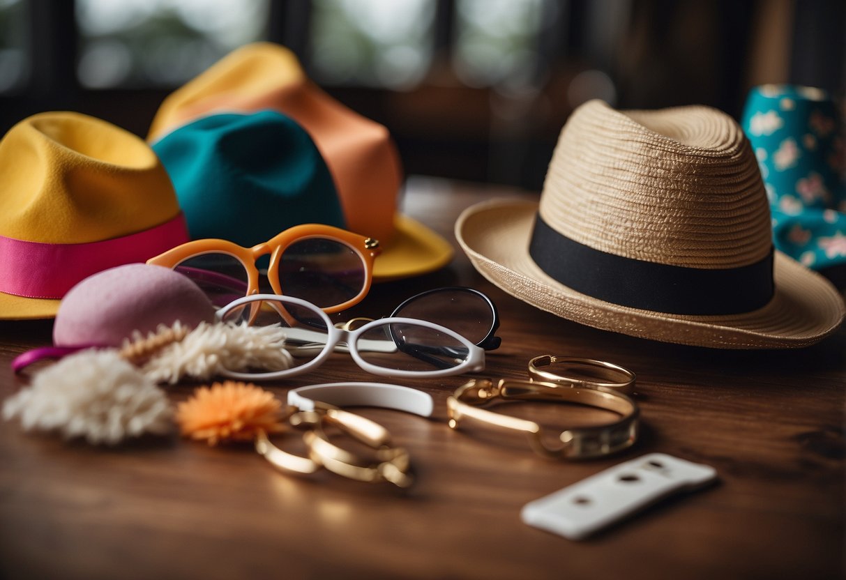 A collection of playful props arranged on a table, including fake mustaches, oversized glasses, and silly hats, ready for a fun and naughty wedding photo shoot