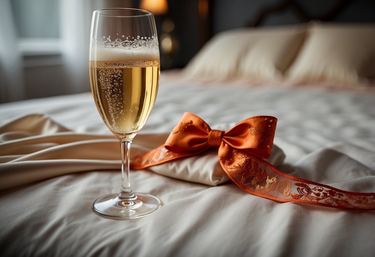 A champagne glass with lipstick marks, a lace garter, and a satin bow on a bed