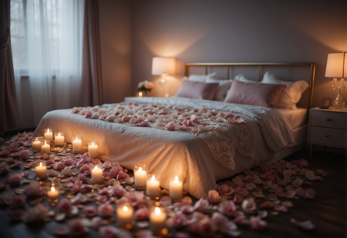 A cozy bedroom with scattered rose petals, dim candlelight, and a bed adorned with silk sheets and lace lingerie