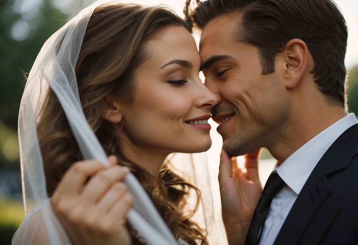 A couple stealing a kiss behind a veil, playful glances, and a mischievous wink