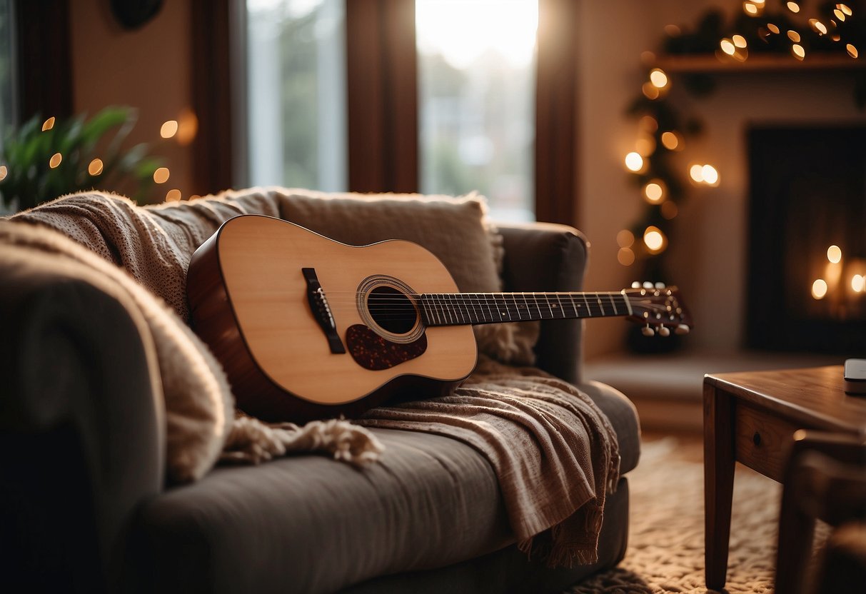 A cozy living room with warm lighting, a rustic wooden stage, and a couple of acoustic guitars and a microphone set up for an intimate home wedding