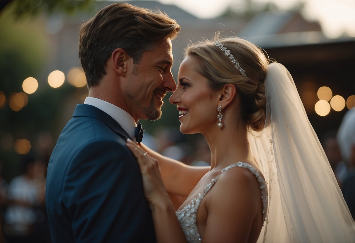 A couple dances provocatively at their wedding, with suggestive poses and playful gestures