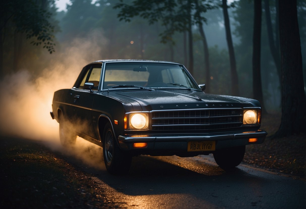 A steamy car with fogged-up windows, surrounded by dimly lit trees and a soft glow from the moon