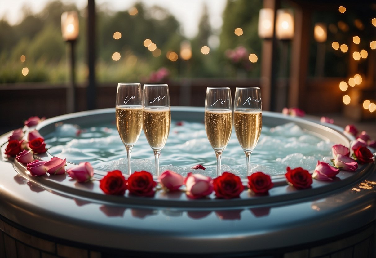 A hot tub surrounded by champagne glasses and rose petals, with a "Just Married" sign hanging on the edge