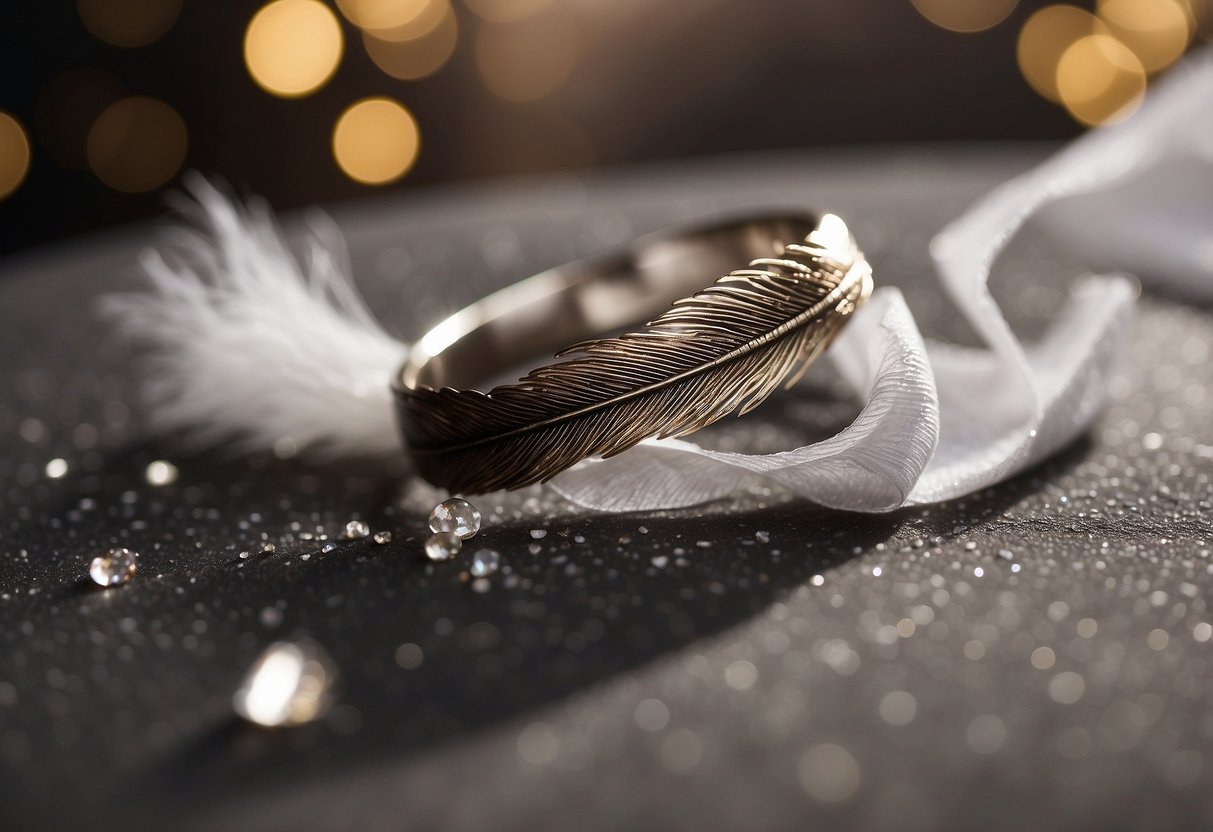 A feather tickles a wedding ring on a table surrounded by scattered confetti and a crumpled veil