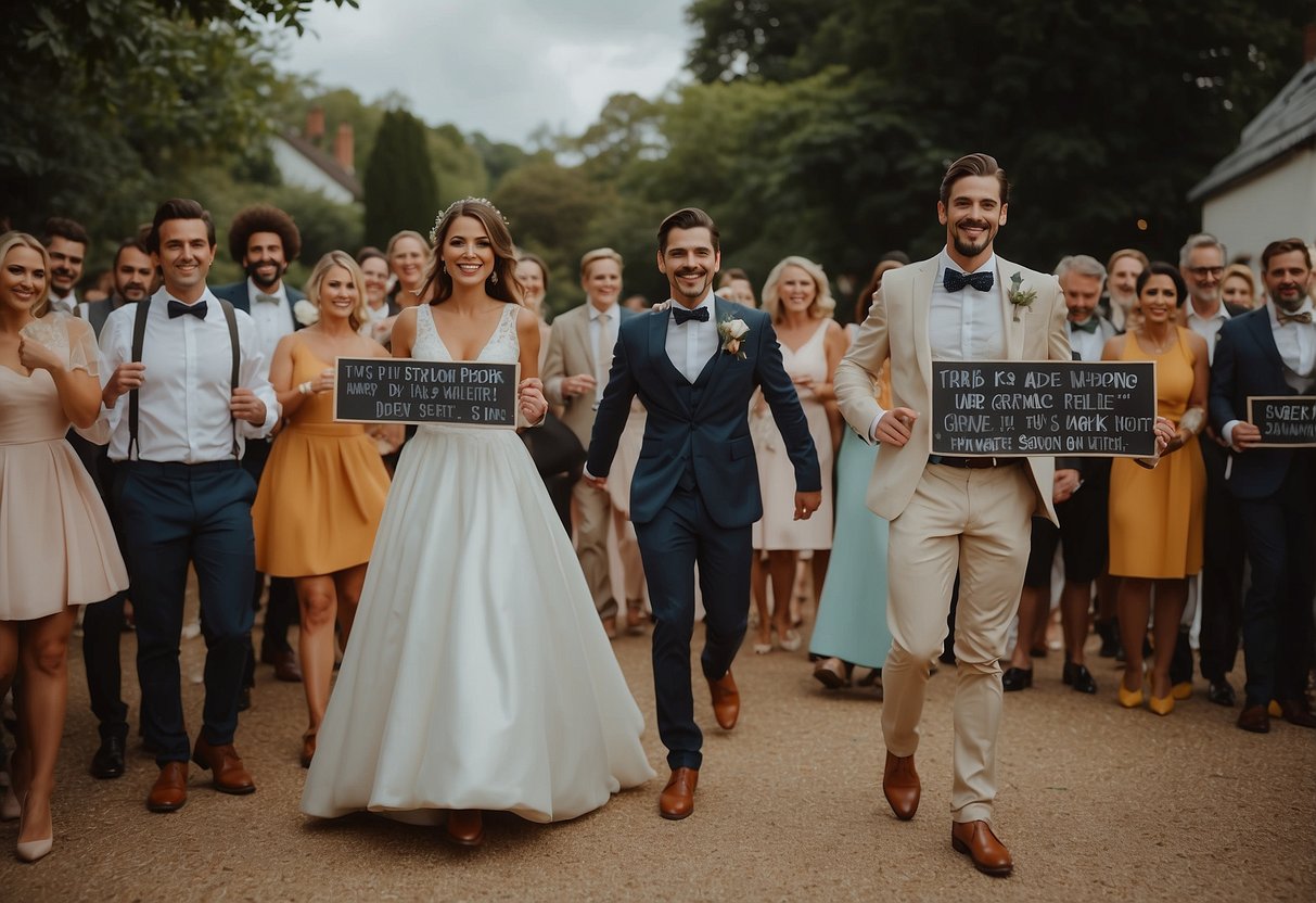 A bride and groom standing back to back, holding signs with playful and cheeky messages, surrounded by a group of mischievous wedding guests