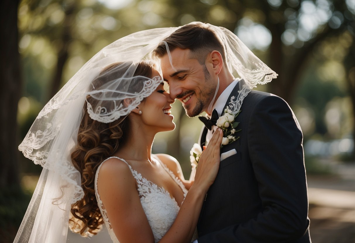 A bride and groom sneak a kiss behind a veil of lace, while the groom playfully lifts the bride's veil with a mischievous grin