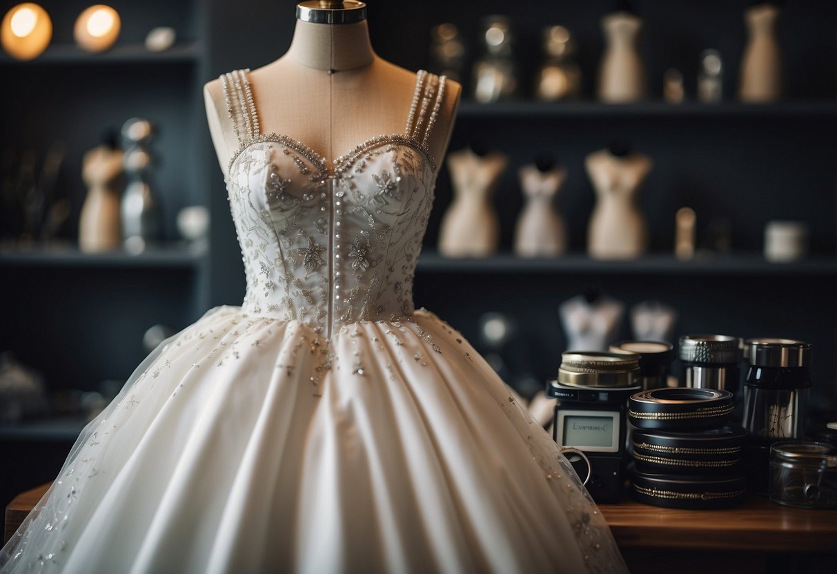 A wedding dress on a mannequin with pins and measuring tape, surrounded by a tailor's tools and a price list for alterations