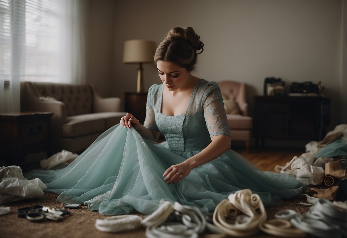 The maid of honor frantically searches for missing dress fittings, scattered fabric, and a forgotten sewing kit before the wedding