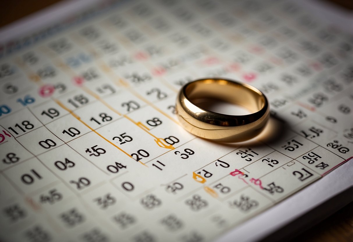 A wedding ring on a calendar, with the date of the 50th anniversary circled