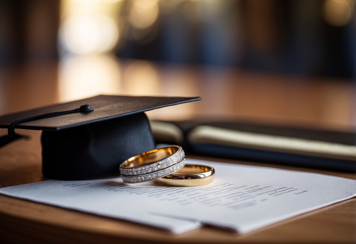 A graduation cap and diploma on a table, with a wedding ring placed on top, symbolizing the transition from academic achievement to marital commitment