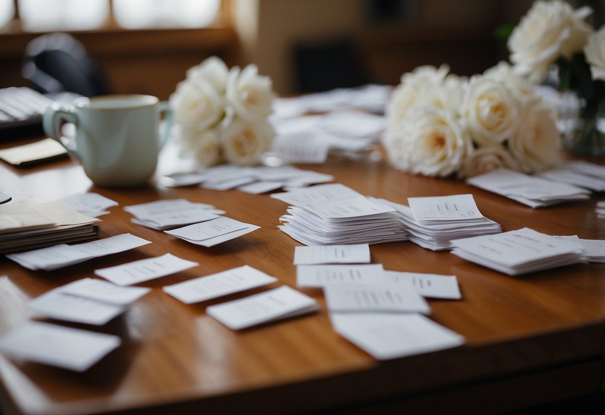 A cluttered desk with scattered RSVP cards and a frazzled maid of honor rushing to organize them before the wedding