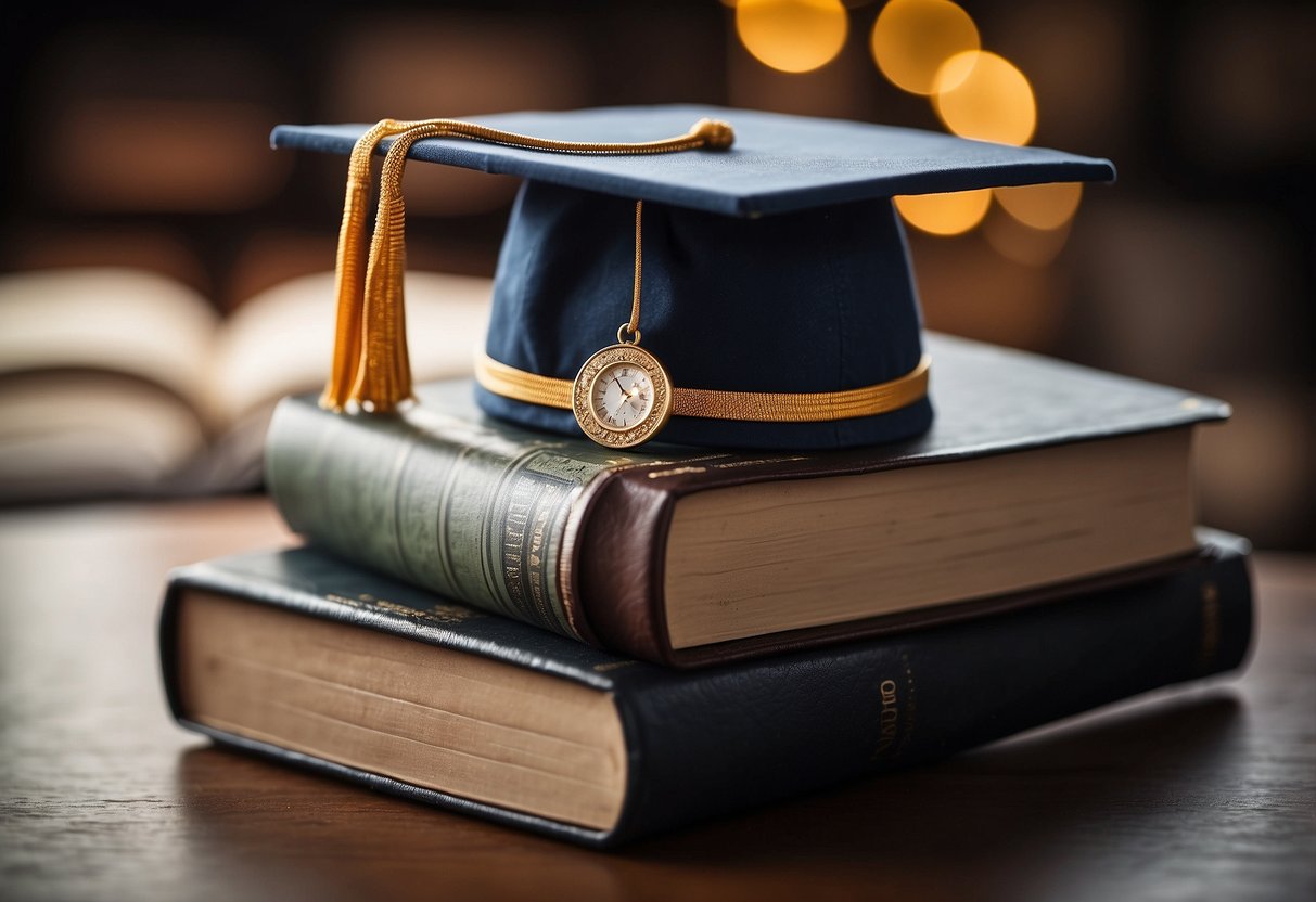 A wedding ring resting on a stack of books, with a graduation cap and diploma in the background