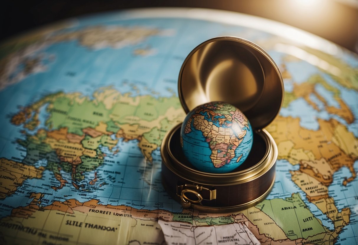 A globe surrounded by travel souvenirs, a wedding ring on a world map