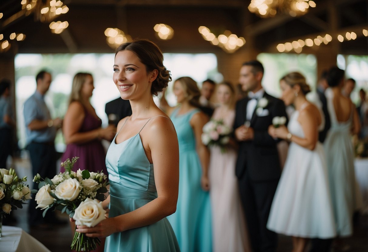 The maid of honor frantically gestures to vendors, listing forgotten wedding tasks