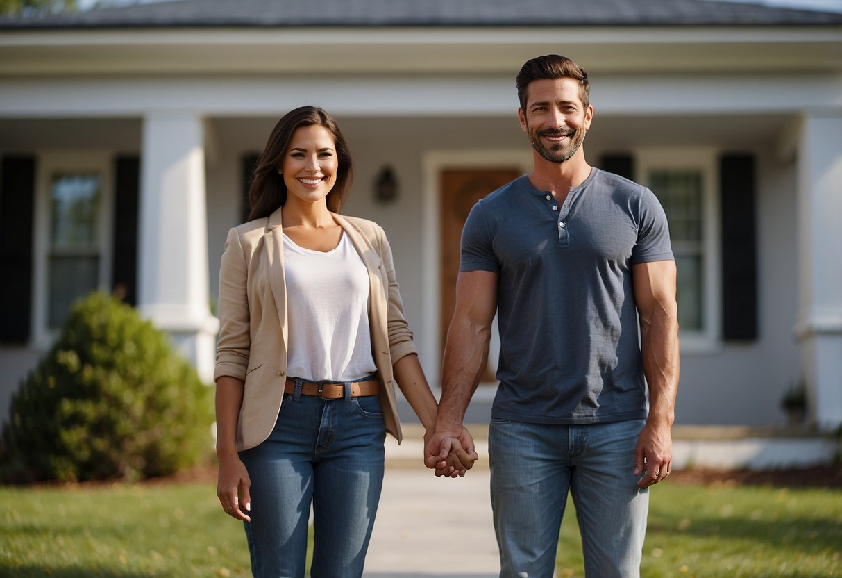 A couple stands in front of a newly purchased house, holding hands and smiling. A sold sign is displayed in the yard