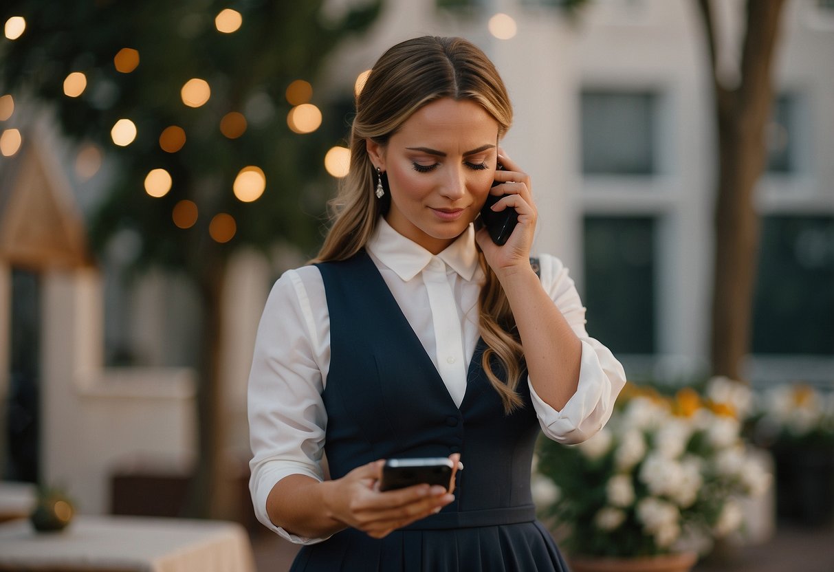 The maid of honor frantically checks her phone for missed calls and messages, realizing she forgot to confirm important event logistics before the wedding