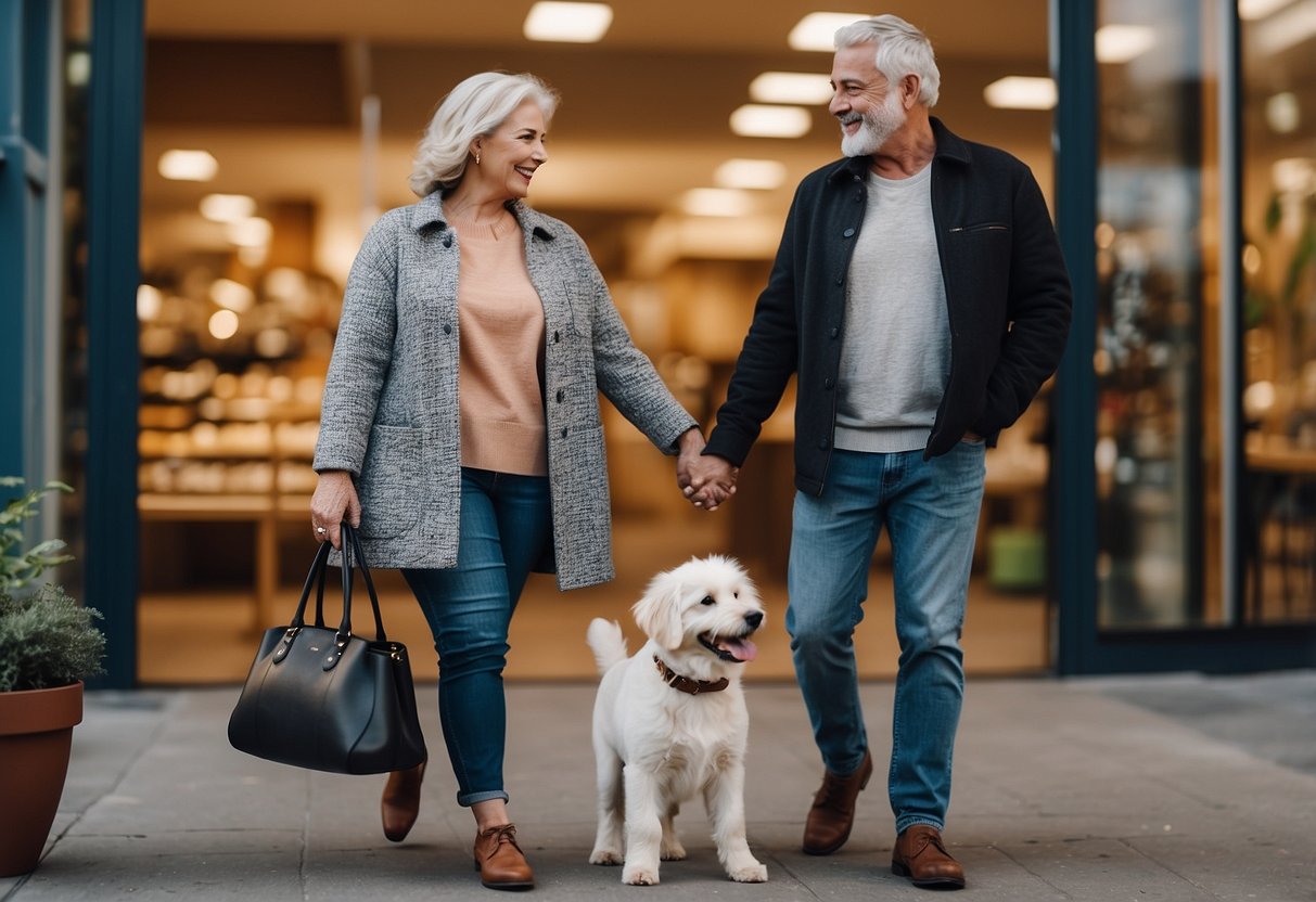 A couple in their 50s standing in front of a pet store, holding hands and smiling, with a new puppy in a carrier at their feet