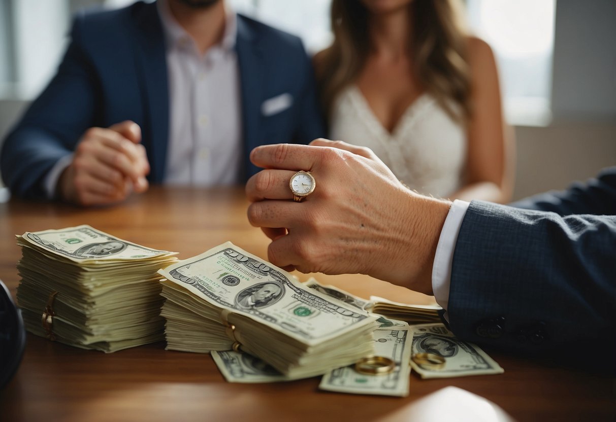 A couple celebrating with a stack of paid-off bills and a wedding ring