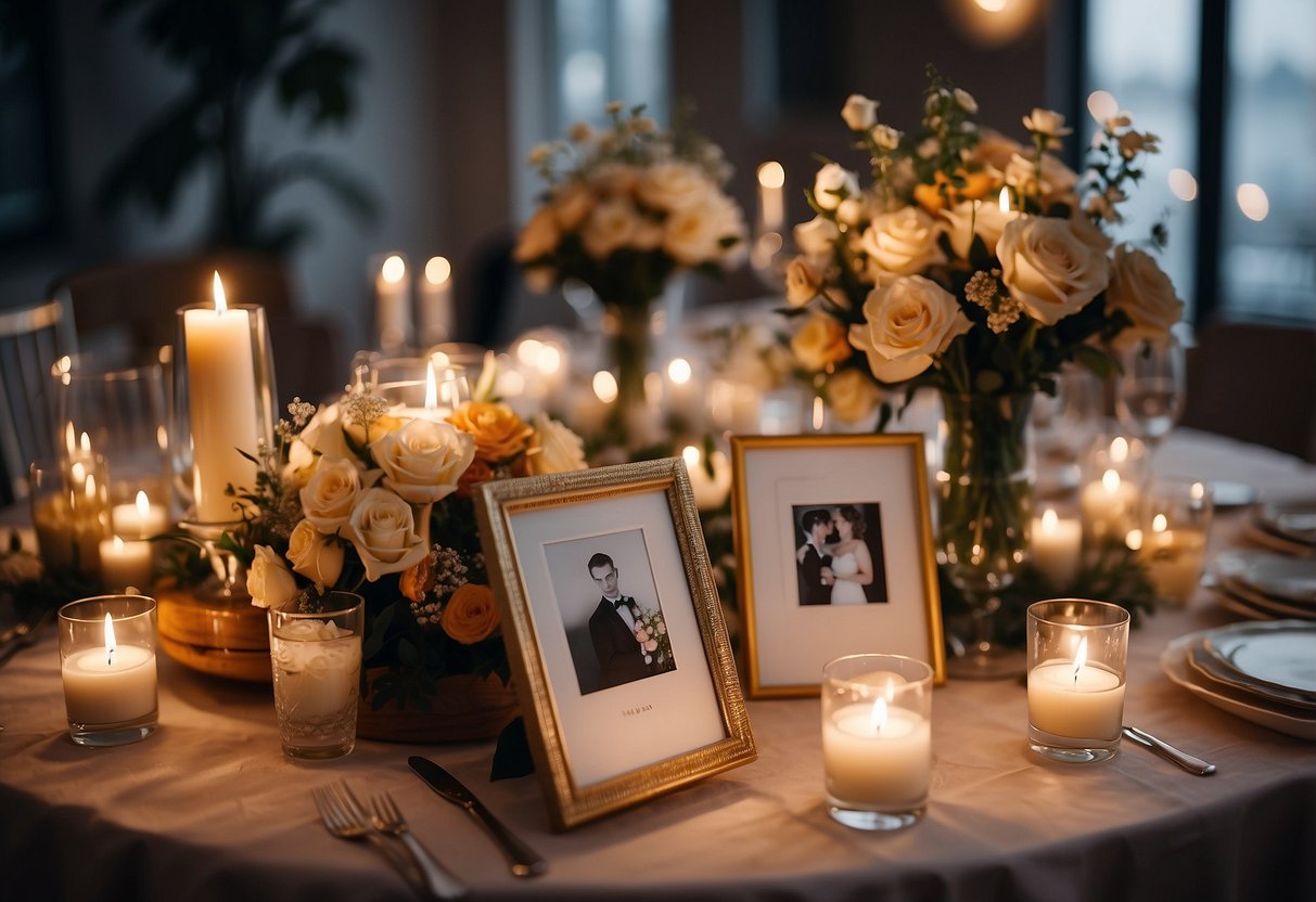 A table adorned with framed wedding photos, surrounded by soft candlelight and delicate floral arrangements