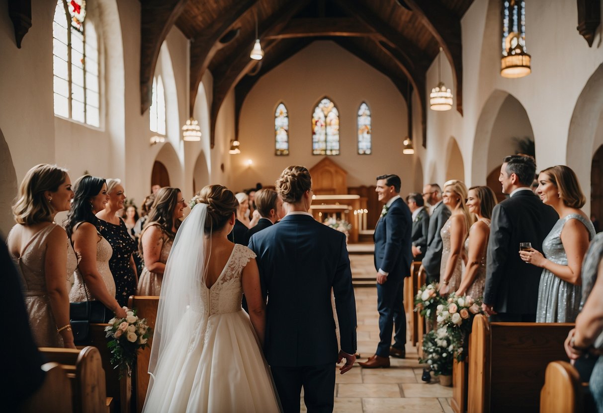 A church with a couple exchanging vows, surrounded by family and friends