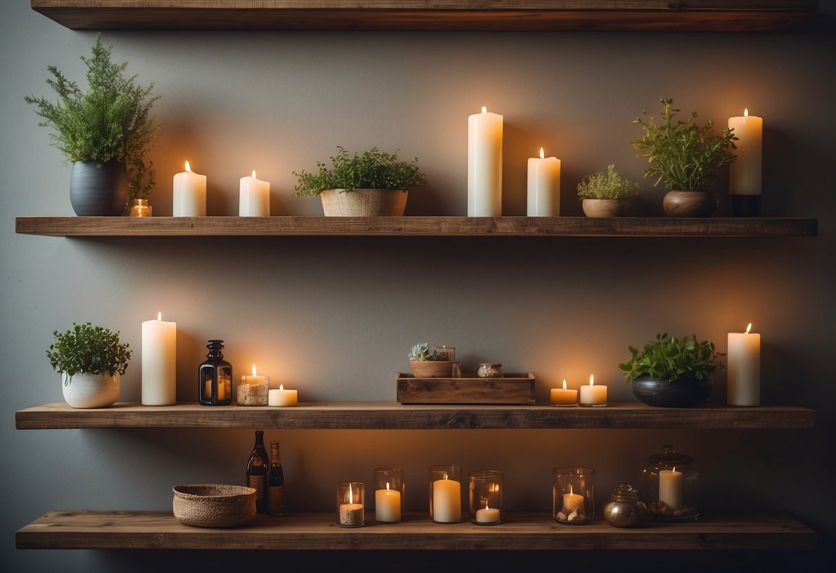 Rustic floating shelves hold wedding photos in soft lighting